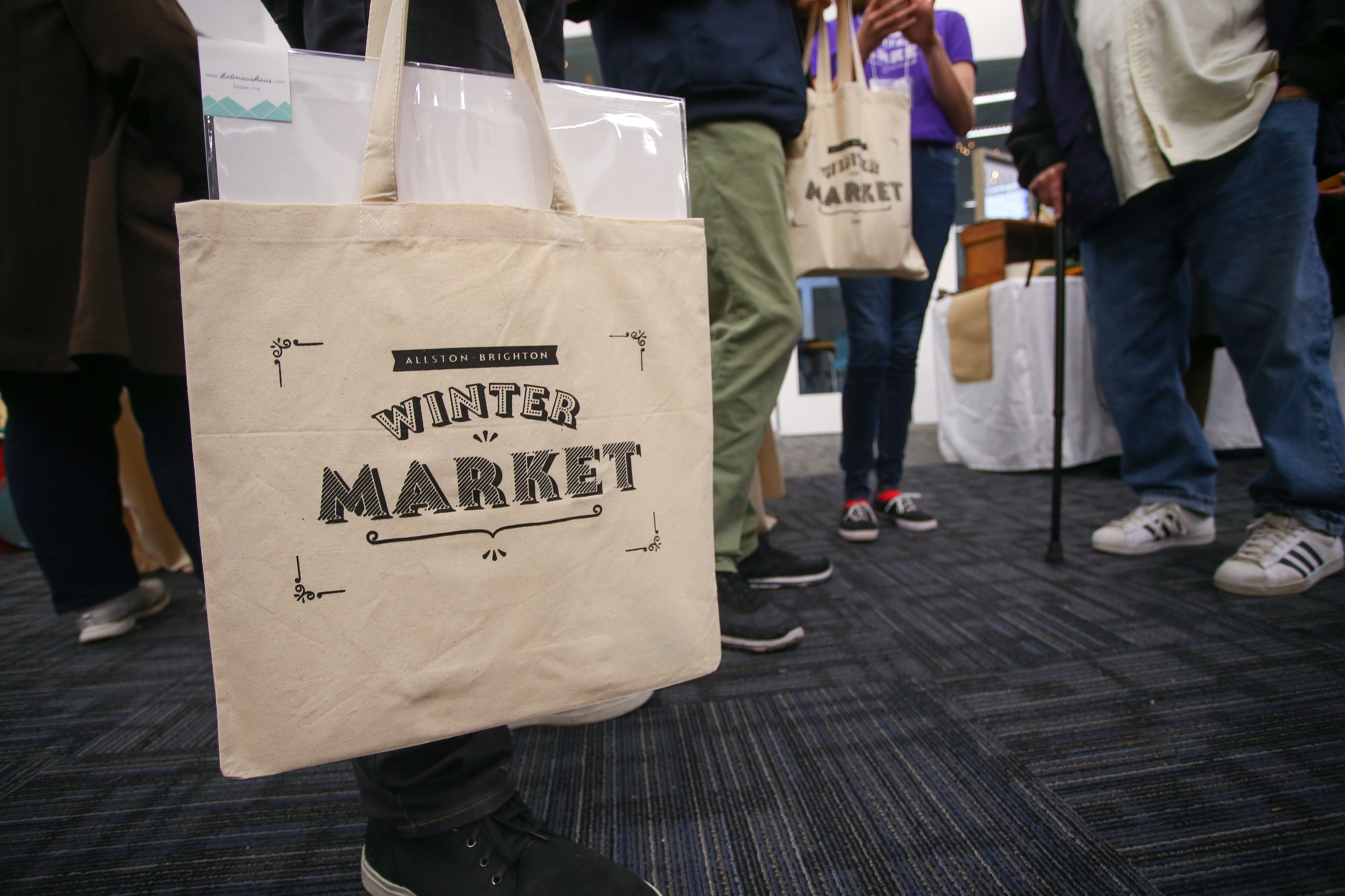 Close-up of Allston-Brighton Winter Market tote bags