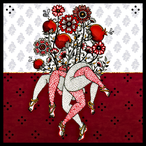 red and white colors combined to create flowers coming from legs