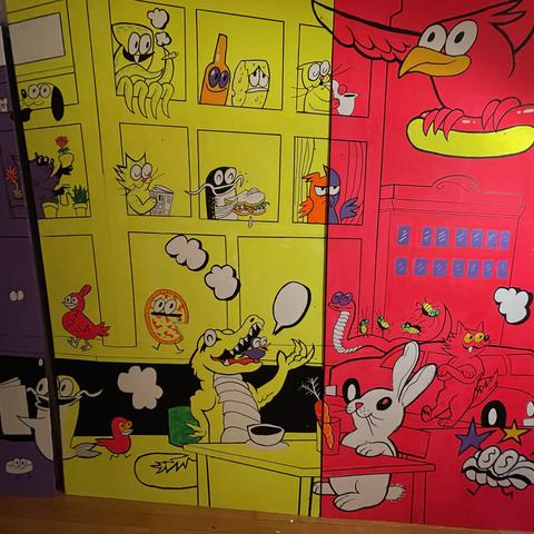 Illustration mural, blue, yellow, red colors