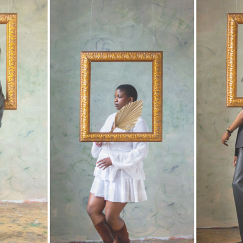 collage of three photography portraits of people holding an empty frame