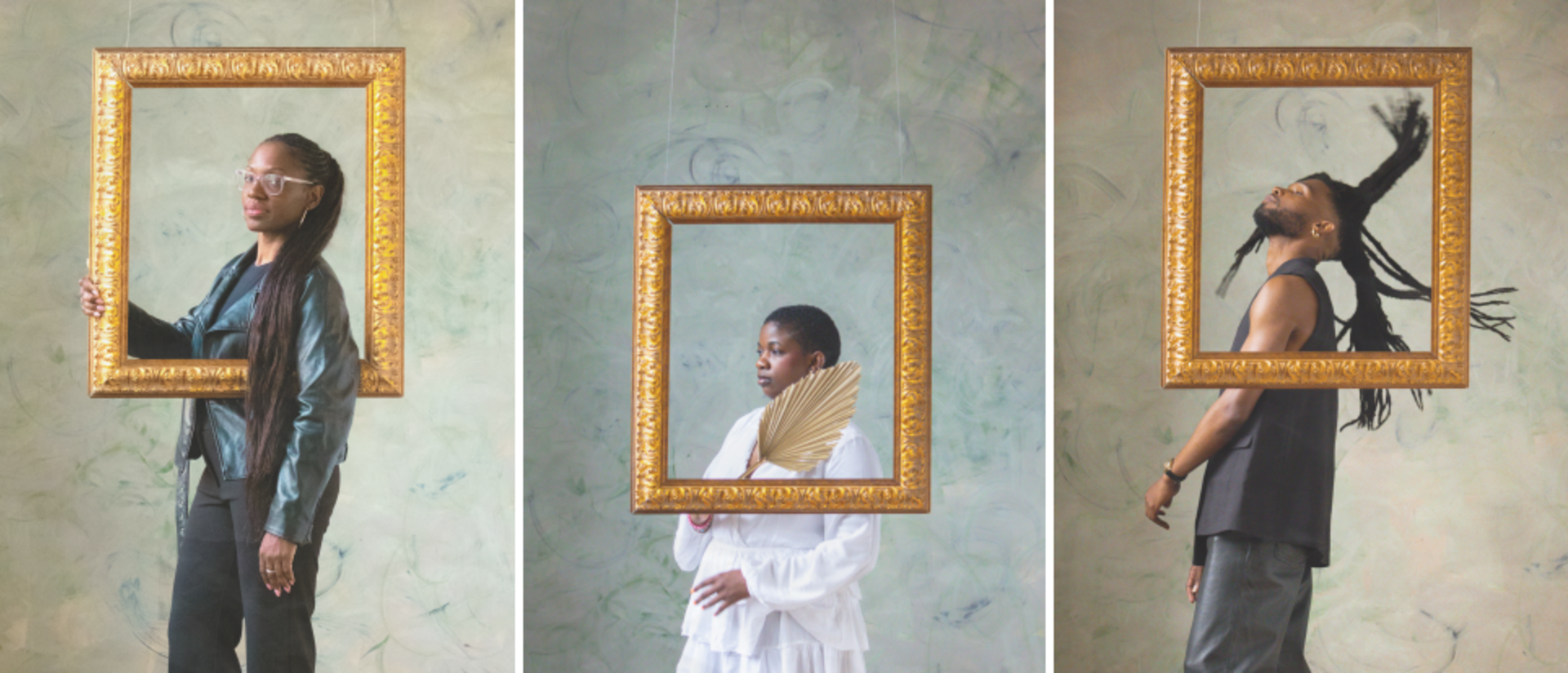 collage of three photography portraits of people holding an empty frame